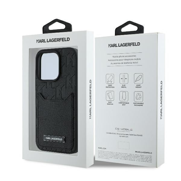 Hülle für Apple iPhone 16 Pro, Karl Lagerfeld, Cardslots Monogram, Schwarz