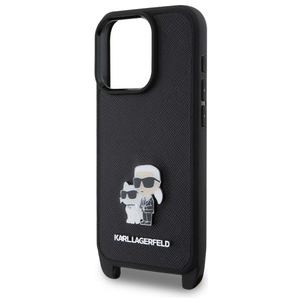 Case for Apple iPhone 16 Pro, Karl Lagerfeld, Saffiano Crossbody Metal Pin Karl & Choupette, Black