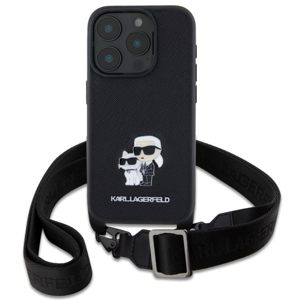 Case for Apple iPhone 16 Pro, Karl Lagerfeld, Saffiano Crossbody Metal Pin Karl & Choupette, Black