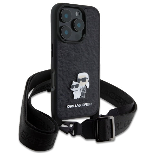 Case for Apple iPhone 16 Pro, Karl Lagerfeld, Saffiano Crossbody Metal Pin Karl & Choupette, Black