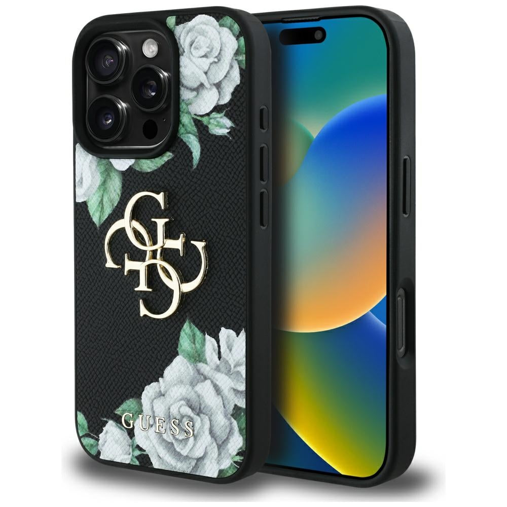 Hülle für Apple iPhone 16 Pro Max, Guess, 4G Grained Roses Big Logo, Schwarz