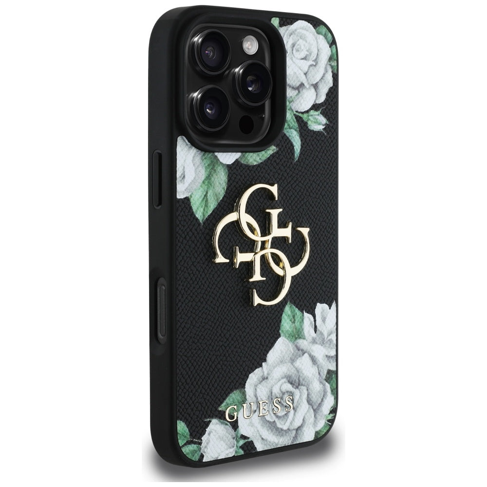 Hülle für Apple iPhone 16 Pro Max, Guess, 4G Grained Roses Big Logo, Schwarz