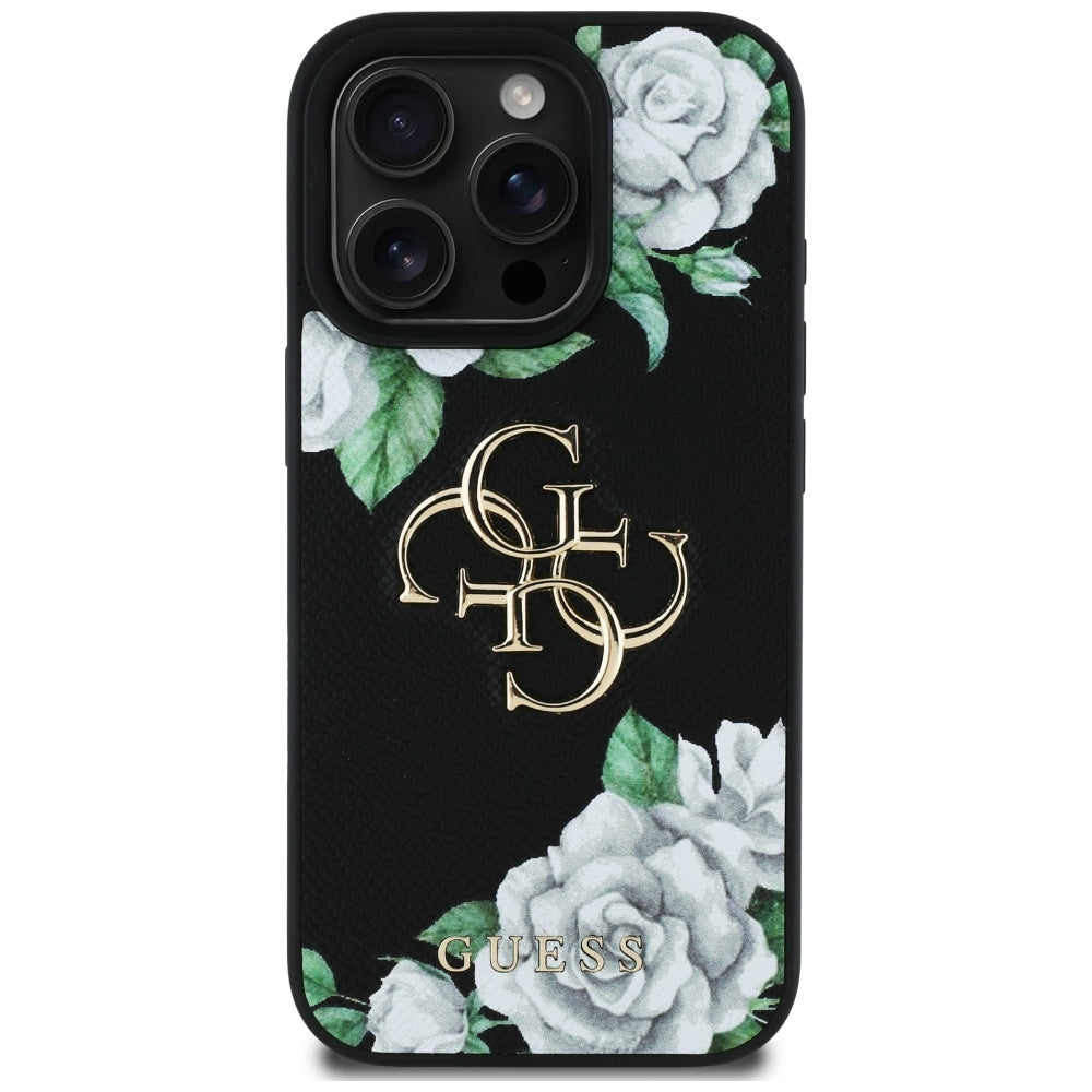 Hülle für Apple iPhone 16 Pro Max, Guess, 4G Grained Roses Big Logo, Schwarz