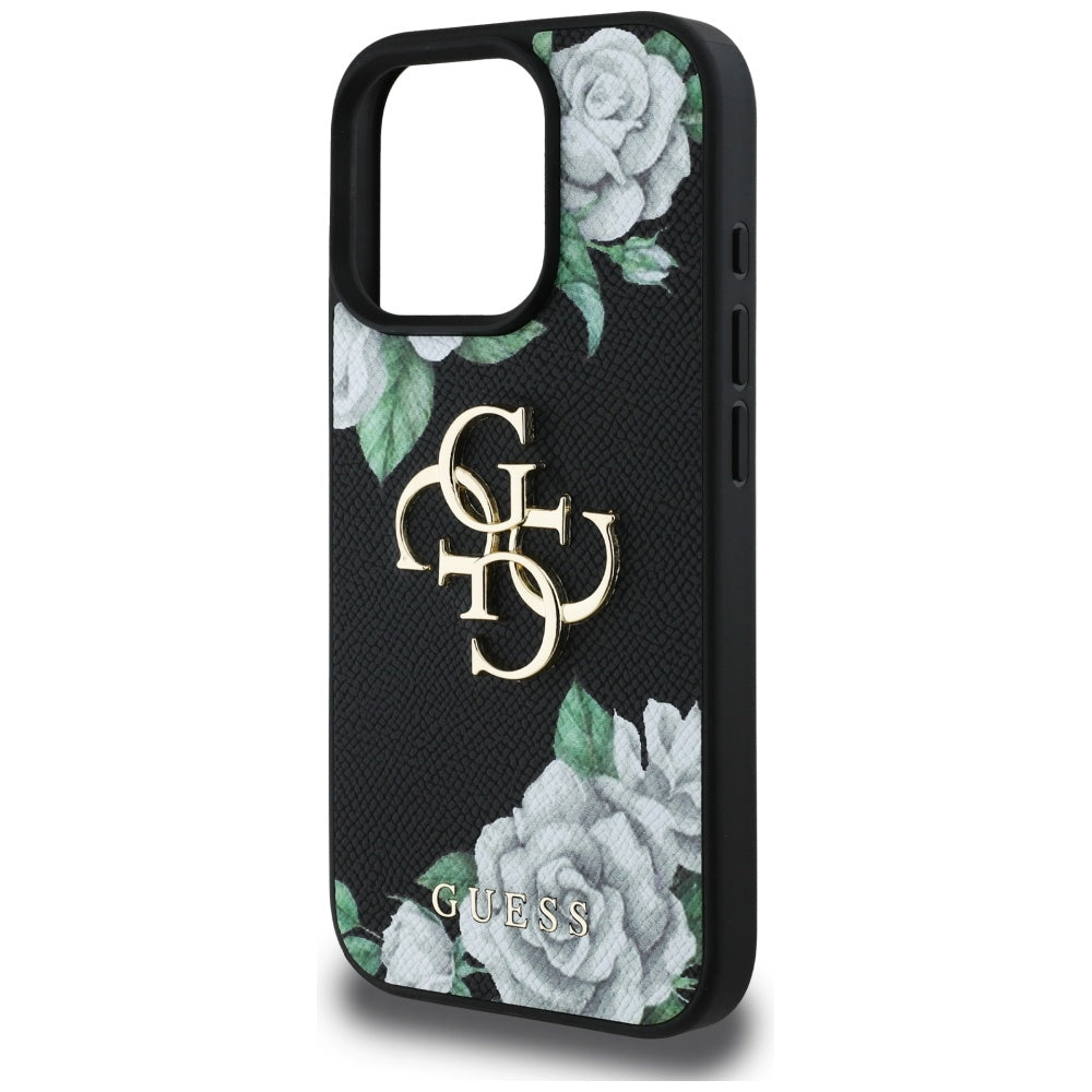 Hülle für Apple iPhone 16 Pro Max, Guess, 4G Grained Roses Big Logo, Schwarz
