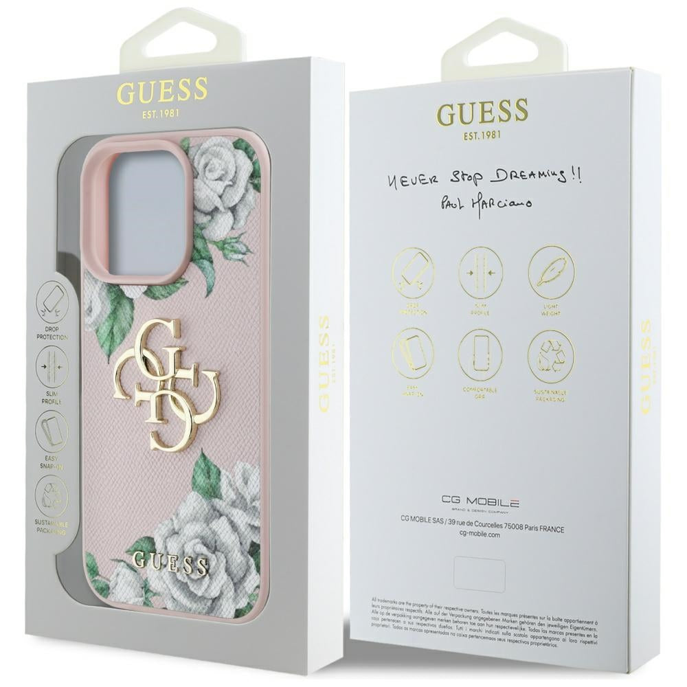 Hülle für Apple iPhone 16 Pro Max, Guess, 4G Grained Roses Big Logo, Rosa