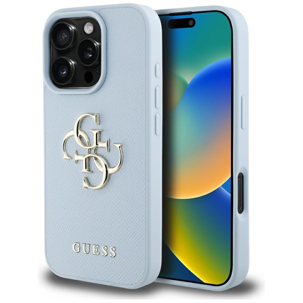Hülle für Apple iPhone 16 Pro Max, Guess, Grained Big 4G Logo Small Classic Logo, Blau