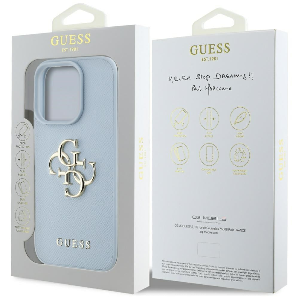Hülle für Apple iPhone 16 Pro Max, Guess, Grained Big 4G Logo Small Classic Logo, Blau