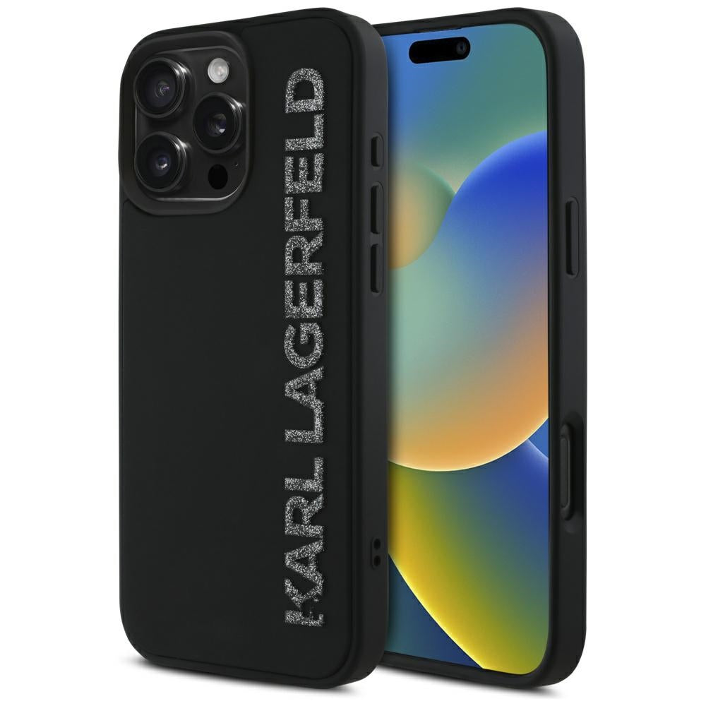 Case for Apple iPhone 16 Pro Max, Karl Lagerfeld, 3D Rubber Elongated Glitter Logo, Black