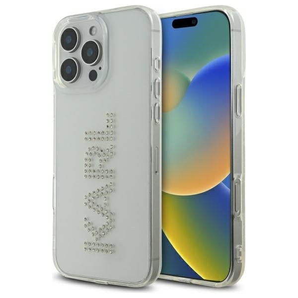 Hülle für Apple iPhone 16 Pro Max, Karl Lagerfeld, IML Rhinestones Transparentes Logo, Transparent
