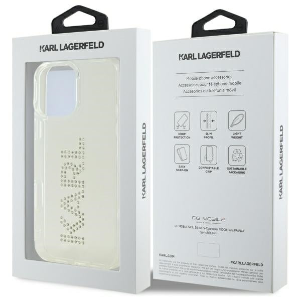 Hülle für Apple iPhone 16 Pro Max, Karl Lagerfeld, IML Rhinestones Transparentes Logo, Transparent