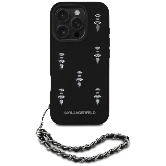 Hülle für Apple iPhone 16 Pro Max, Karl Lagerfeld, Saffiano Crystals & Charm, Schwarz
