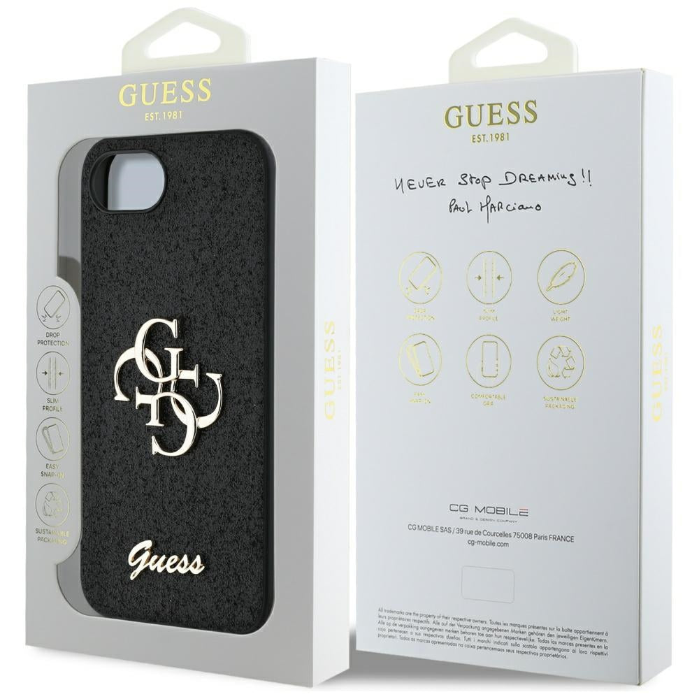 Hülle für Apple iPhone 17e / 16e, Guess, Fixed Glitter Big 4G, Schwarz