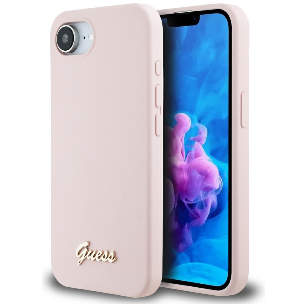 Case for Apple iPhone 17e / 16e, Guess, Script Metal Logo, Pink