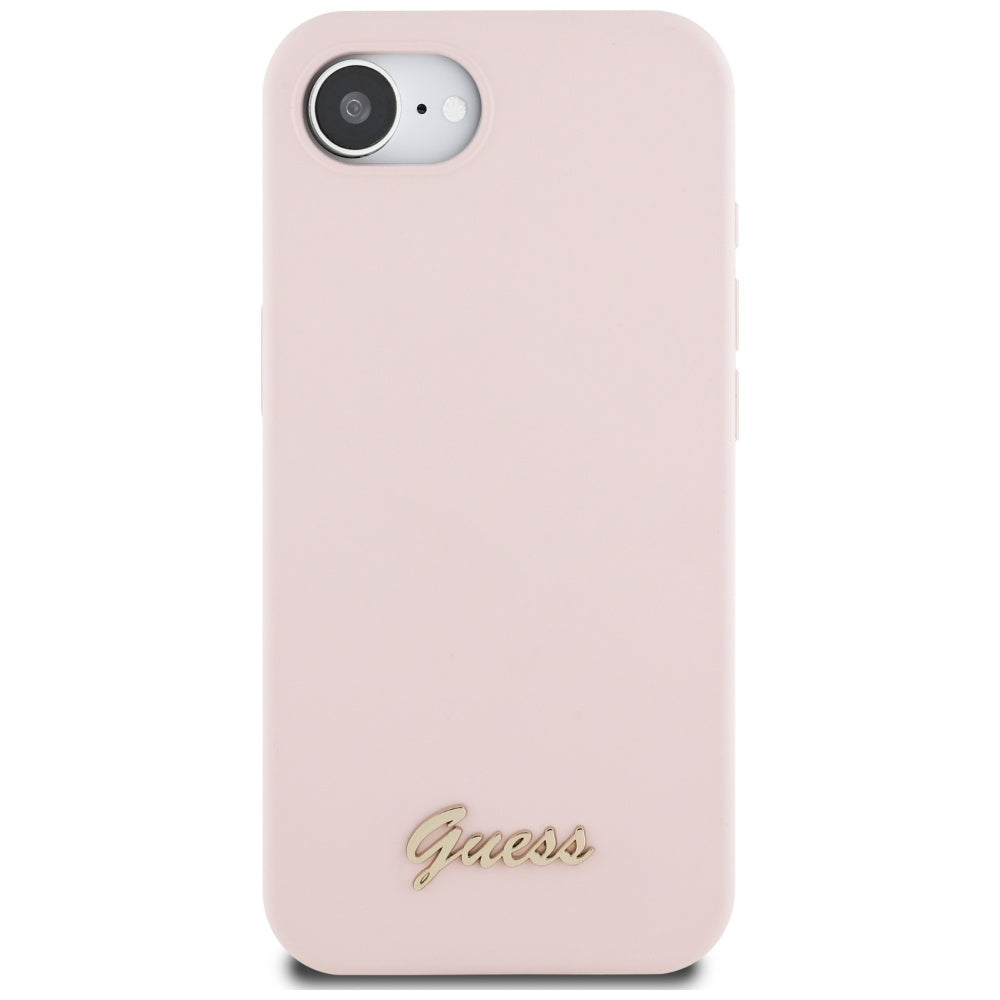 Case for Apple iPhone 17e / 16e, Guess, Script Metal Logo, Pink