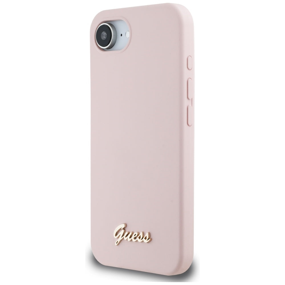 Case for Apple iPhone 17e / 16e, Guess, Script Metal Logo, Pink