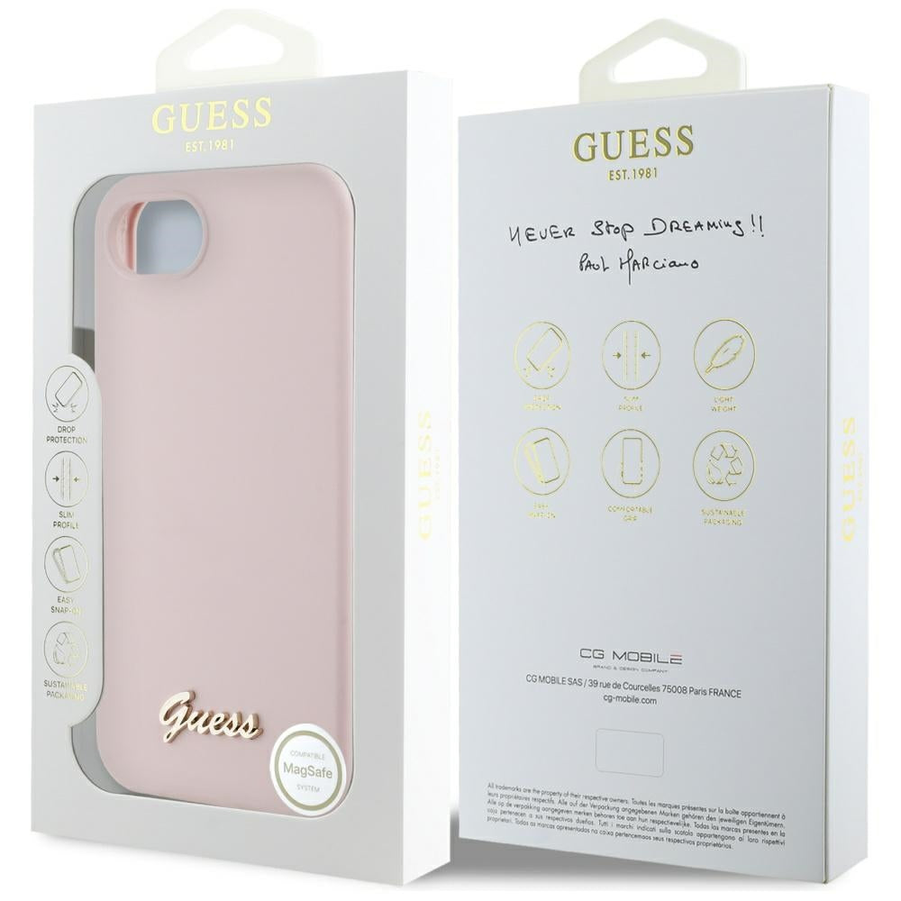 Case for Apple iPhone 17e / 16e, Guess, Script Metal Logo, Pink