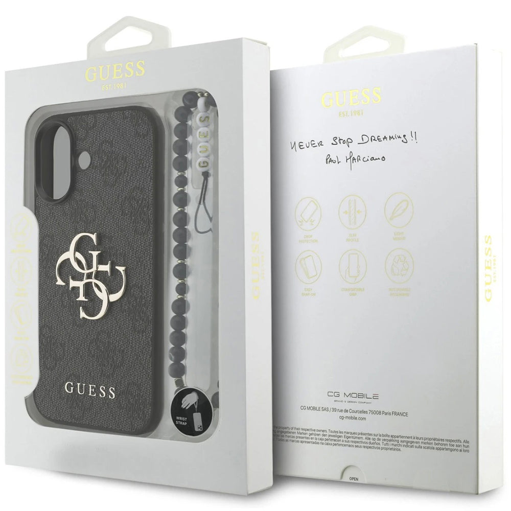 Hülle für Apple iPhone 17, Guess, 4G Classic Logo mit Trageriemen, Schwarz