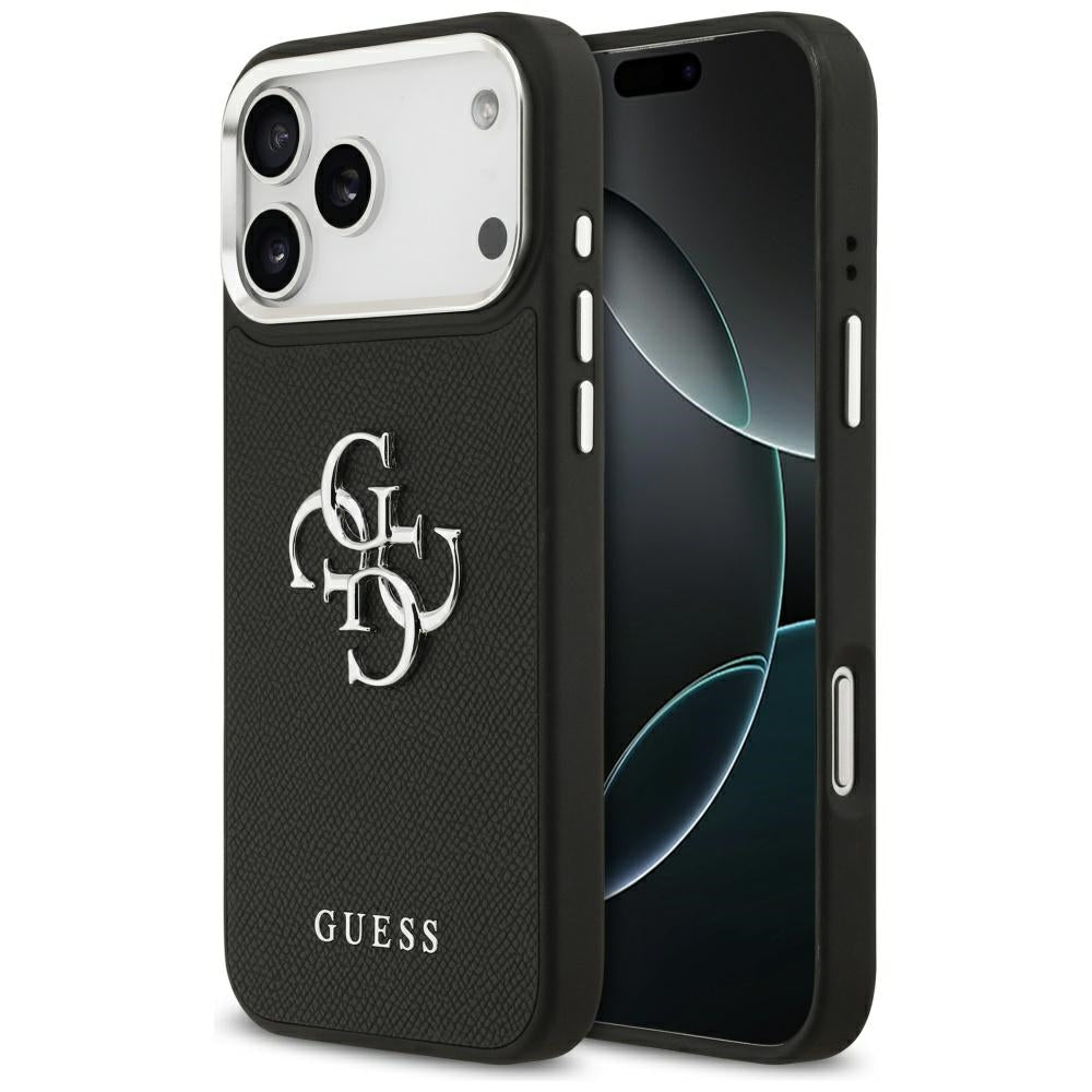 Hülle für Apple iPhone 17 Pro, Guess, 4G Grained Big and Classic Logo, Schwarz Silbern