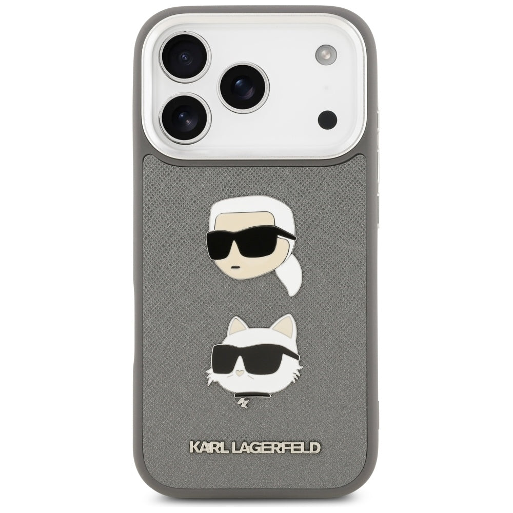 Hülle für Apple iPhone 17 Pro, Karl Lagerfeld, Grained Karl & Choupette's Heads Pins and Logo, Grau