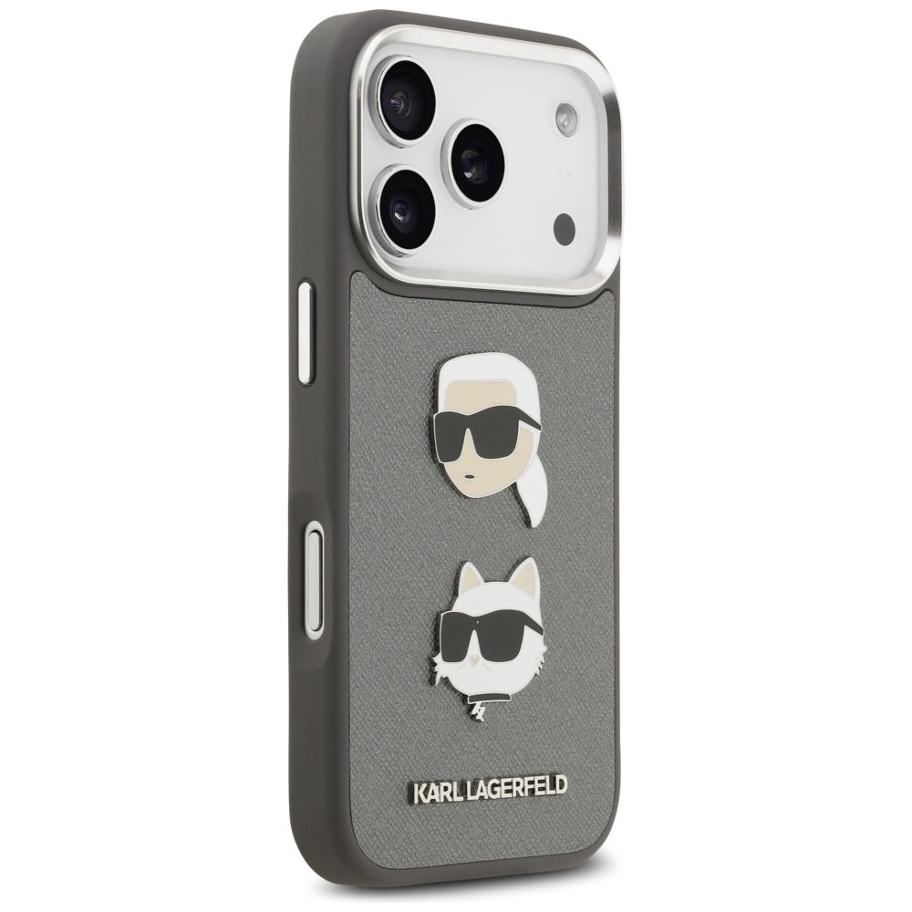 Hülle für Apple iPhone 17 Pro, Karl Lagerfeld, Grained Karl & Choupette's Heads Pins and Logo, Grau