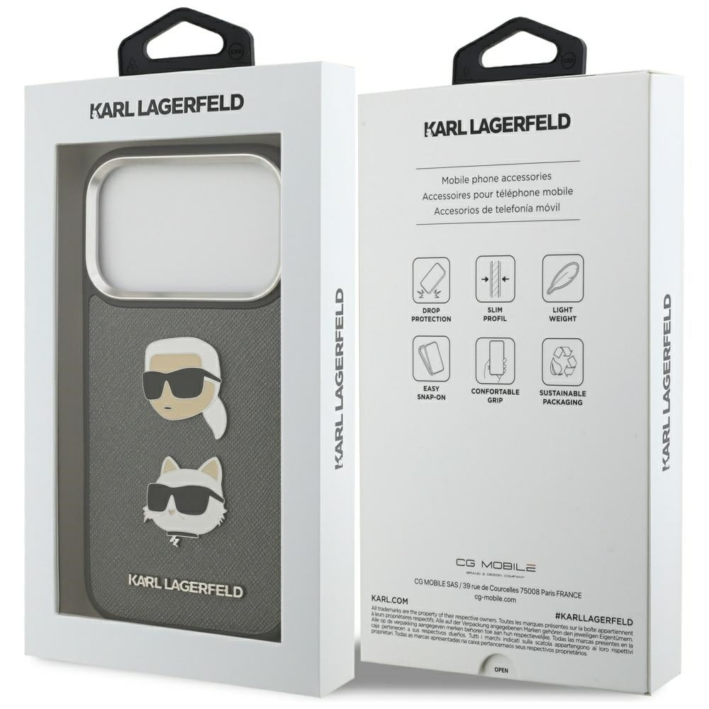Hülle für Apple iPhone 17 Pro, Karl Lagerfeld, Grained Karl & Choupette's Heads Pins and Logo, Grau