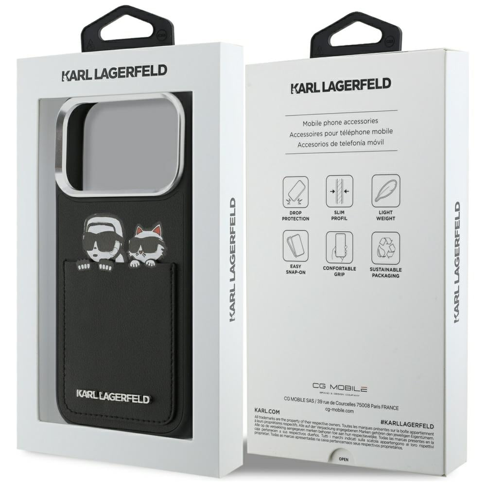 Hülle für Apple iPhone 17 Pro, Karl Lagerfeld, Karl & Choupette Print mit Tasche, Schwarz