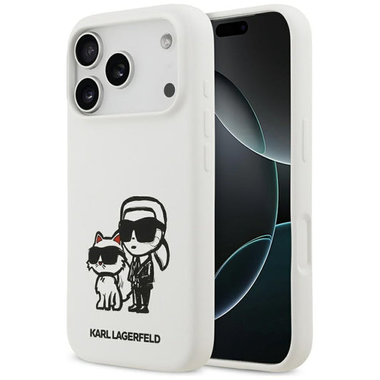 Hülle für Apple iPhone 17 Pro, Karl Lagerfeld, Sketch und Logo Karl & Choupette, Weiß