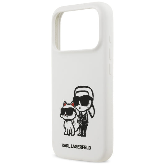 Hülle für Apple iPhone 17 Pro, Karl Lagerfeld, Sketch und Logo Karl & Choupette, Weiß