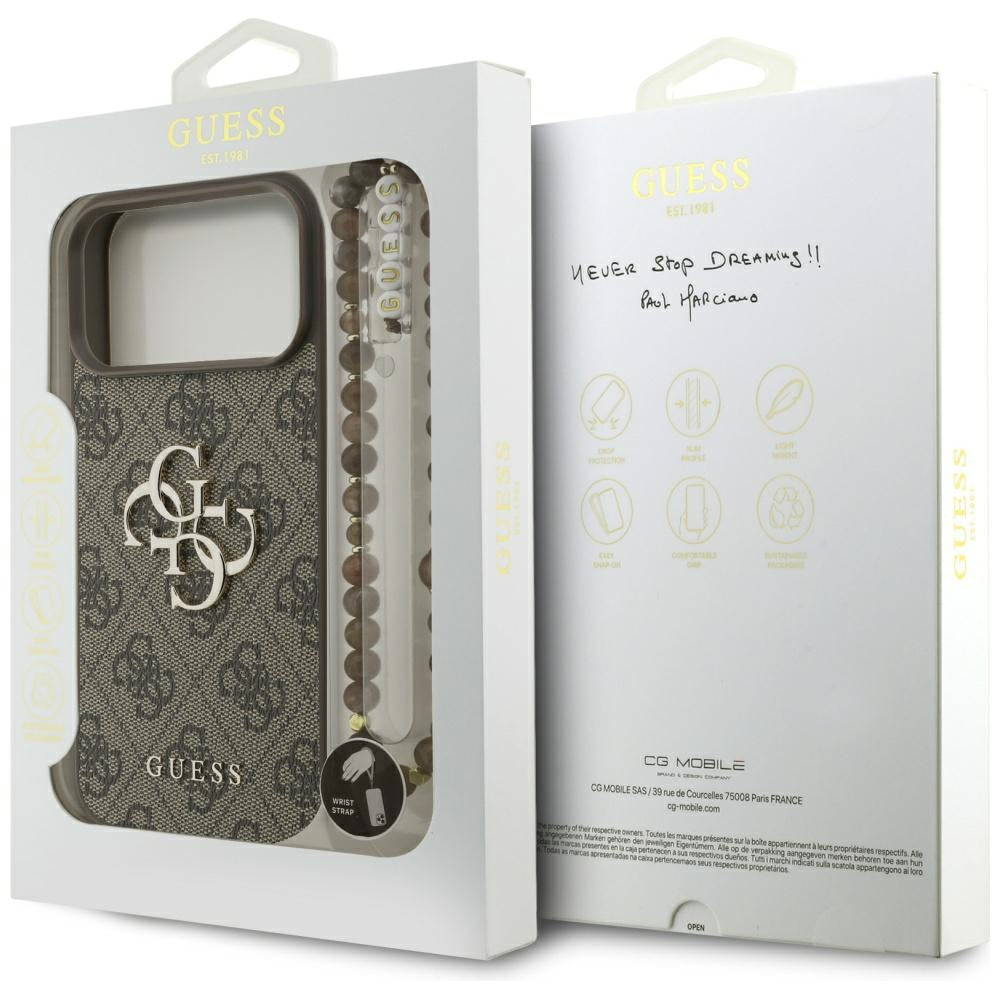Hülle für Apple iPhone 17 Pro Max, Guess, 4G Classic Logo mit Perlenband, Braun