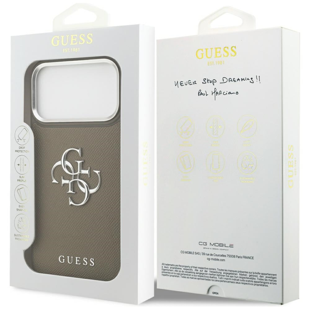 Case for Apple iPhone 17 Pro Max, Guess, 4G Grained Big And Classic Logo, Silver Brown