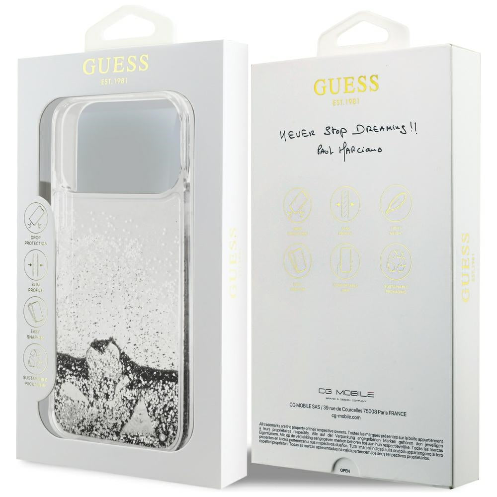 Hülle für Apple iPhone 17 Pro Max, Guess, Liquid Glitter Charms, Silbern