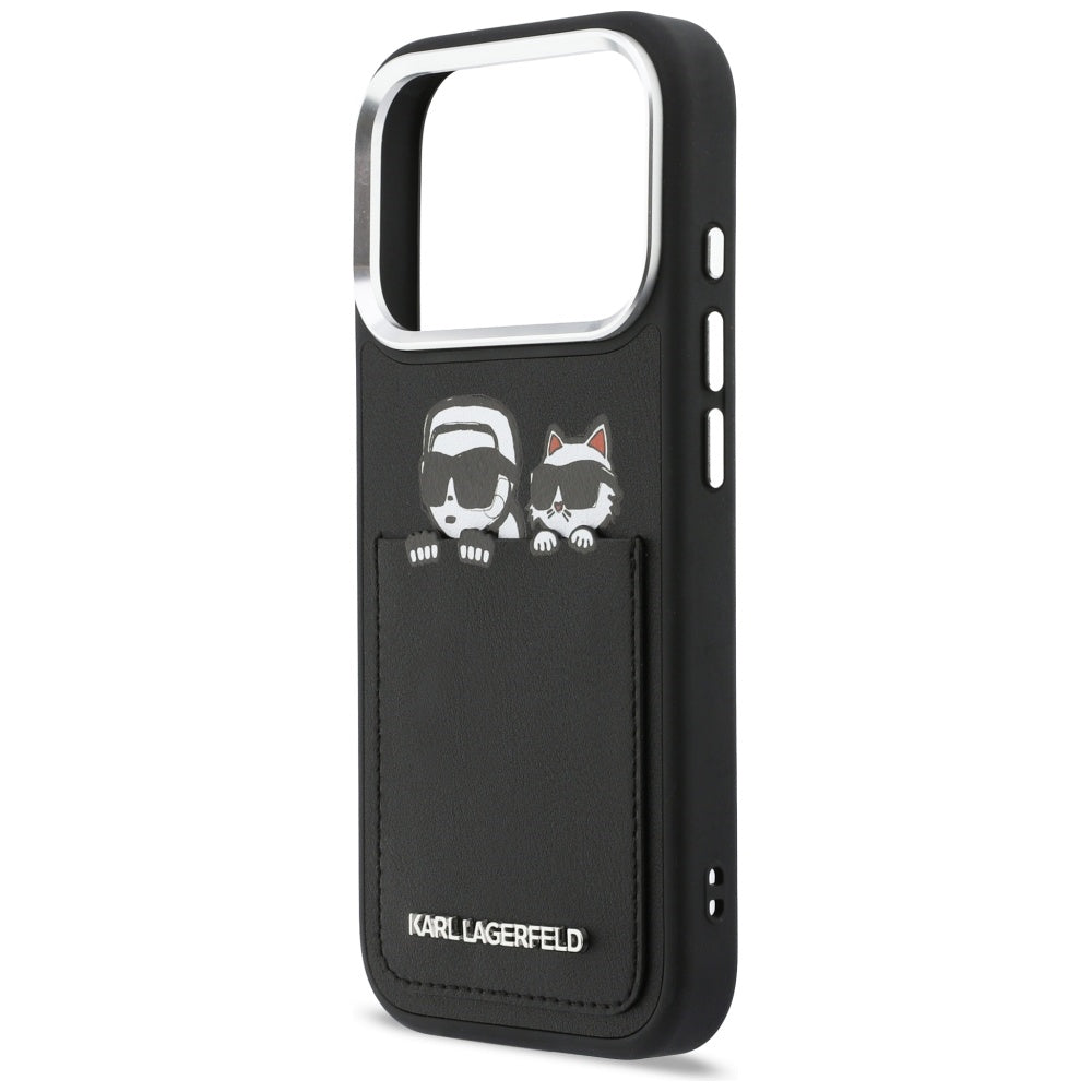 Hülle für Apple iPhone 17 Pro Max, Karl Lagerfeld, Karl & Choupette Print mit Tasche, Schwarz