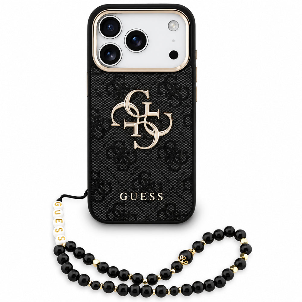 Hülle für Apple iPhone 18 Pro / 17 Pro, Guess, 4G Classic Logo mit Riemen, Schwarz Gold