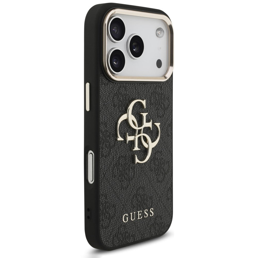 Hülle für Apple iPhone 18 Pro / 17 Pro, Guess, 4G Classic Logo mit Riemen, Schwarz Gold