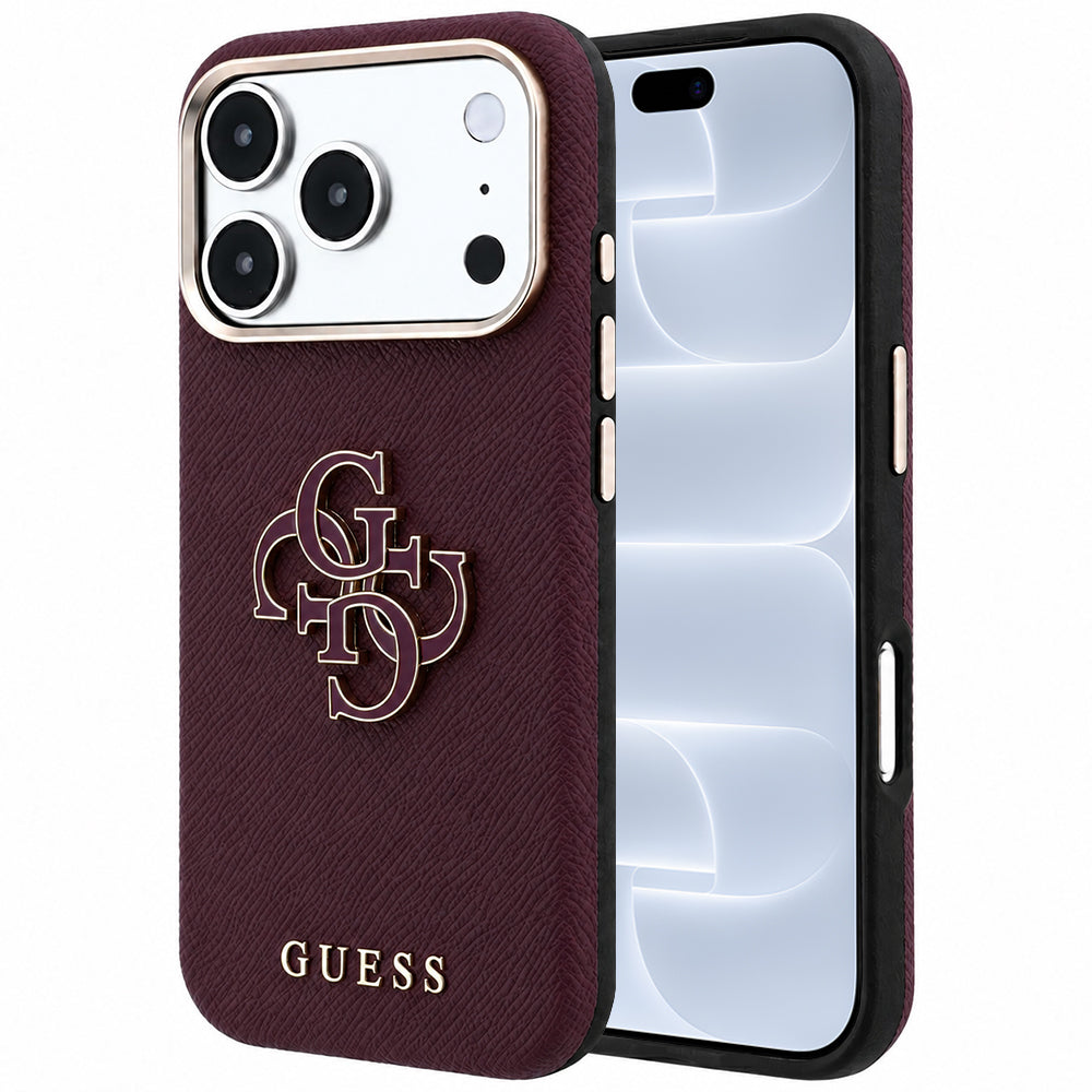 Hülle für Apple iPhone 18 Pro / 17 Pro, Guess, genarbtes großes Harzlogo, Weinrot