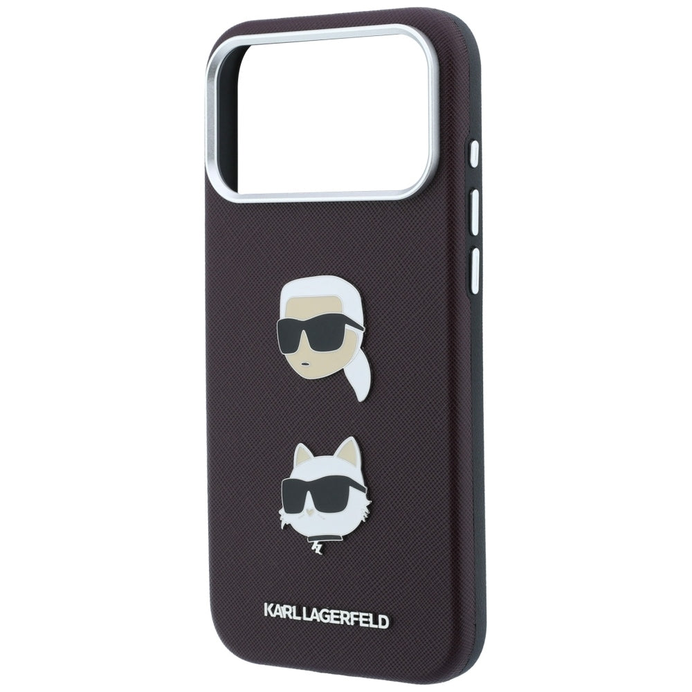 Case for Apple iPhone 18 Pro / 17 Pro, Karl Lagerfeld, Saffiano with Karl & Choupette Head's Pin and Logo, Burgundy