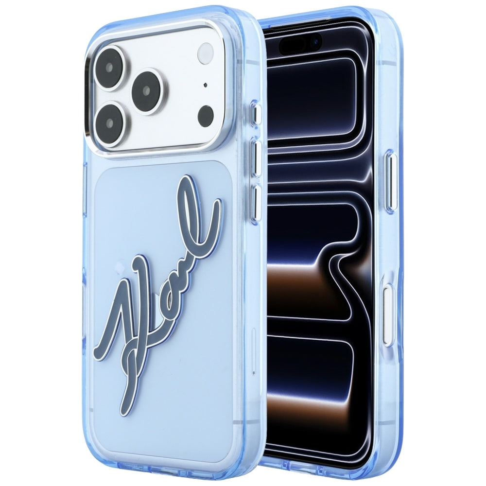 Hülle für Apple iPhone 18 Pro Max / 17 Pro Max, Karl Lagerfeld, IML Big Signature Resin Logo Metallrahmen, Blau