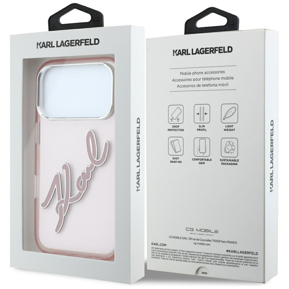 Hülle für Apple iPhone 18 Pro Max / 17 Pro Max, Karl Lagerfeld, IML Big Signature Resin Logo Metallrahmen, Rosa