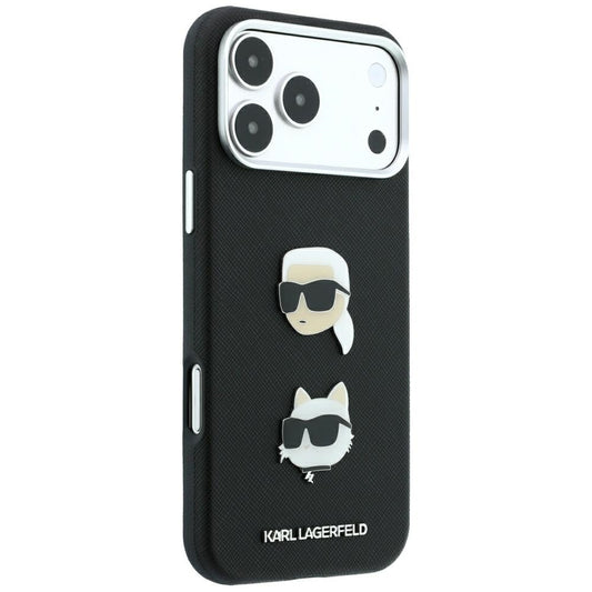 Hülle für Apple iPhone 18 Pro Max / 17 Pro Max, Karl Lagerfeld, Saffiano mit Karl & Choupette Kopf-Pin und Logo, Schwarz