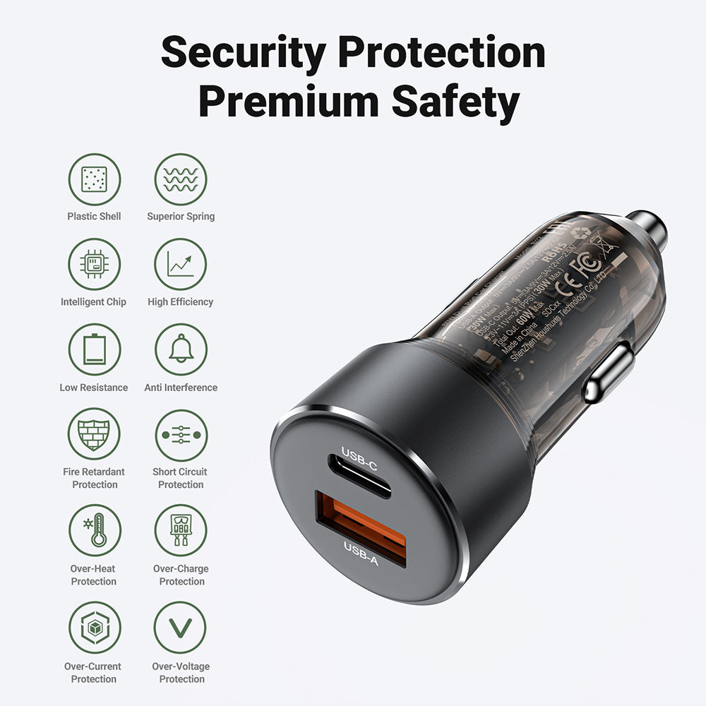 Auto-Ladegerät Acefast B12, 60W, 3A, 1 x USB-A - 1 x USB-C, Schwarz