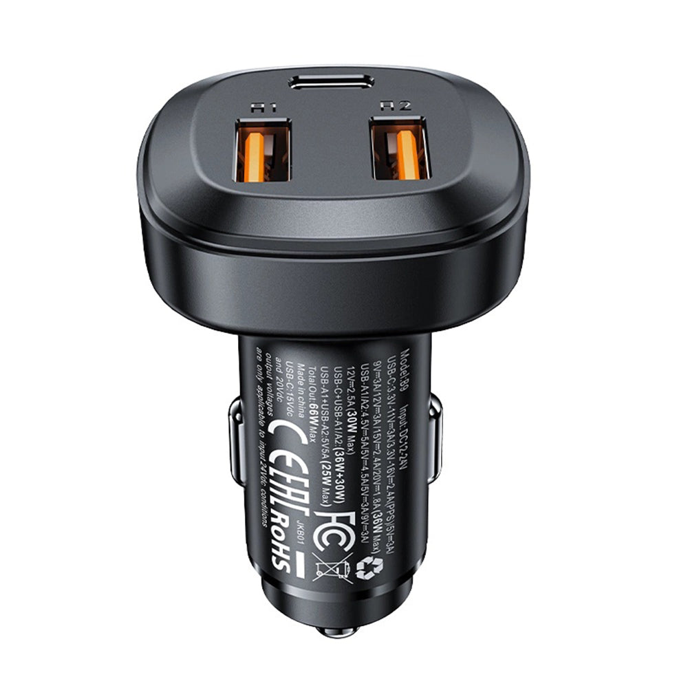Acefast B9 Auto-Ladegerät, 66W, 5A, 2 x USB-A - 1 x USB-C, Schwarz