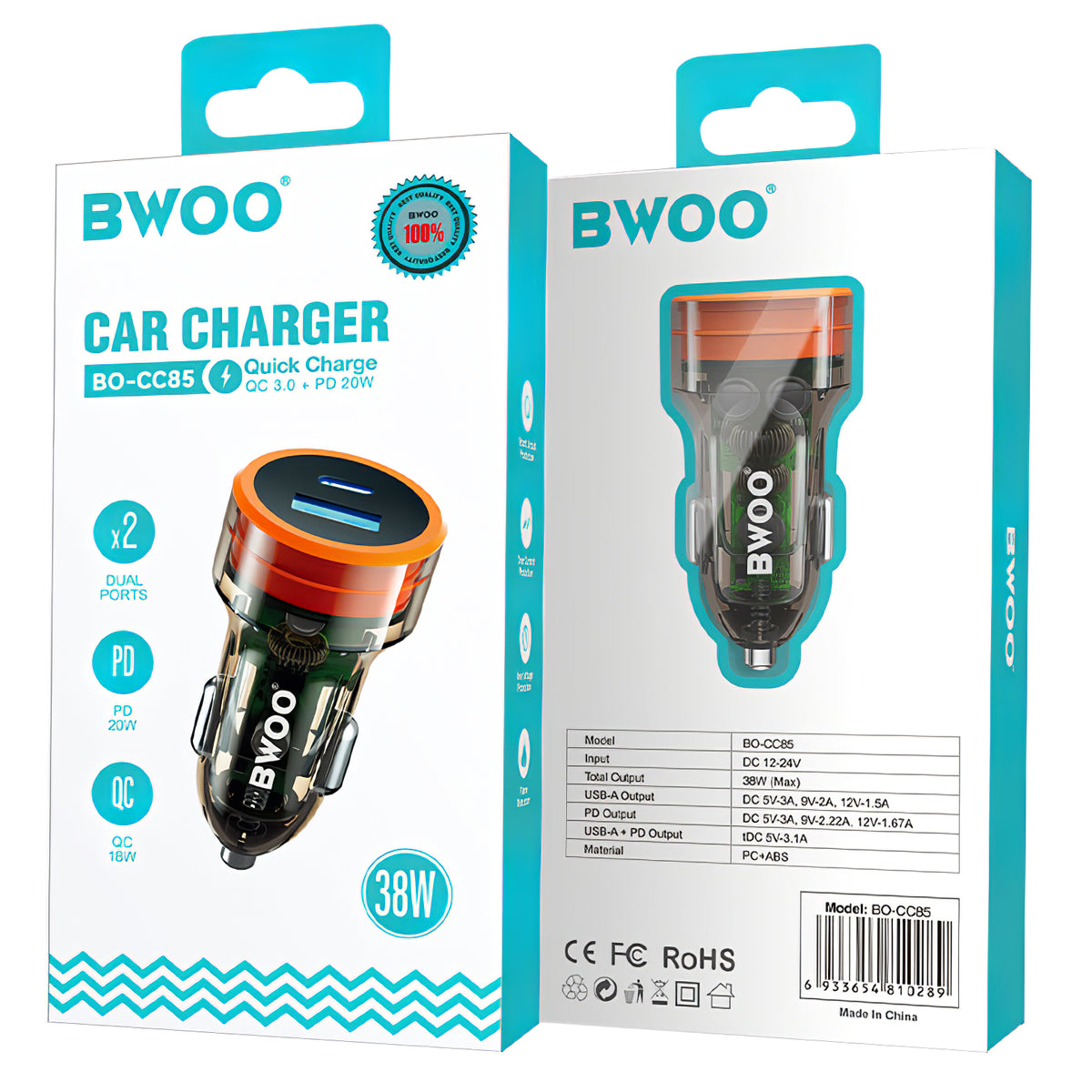 Autoladegerät BWOO BO-CC85, 38W, 3A, 1 x USB-A - 1 x USB-C, Schwarz