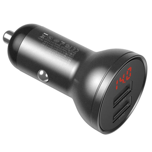 Autoladegerät mit Lightning - microUSB - USB-C Kabel Baseus Digital Display, 24W, 2.4A, 2 x USB-A, Grau TZCCBX-0G