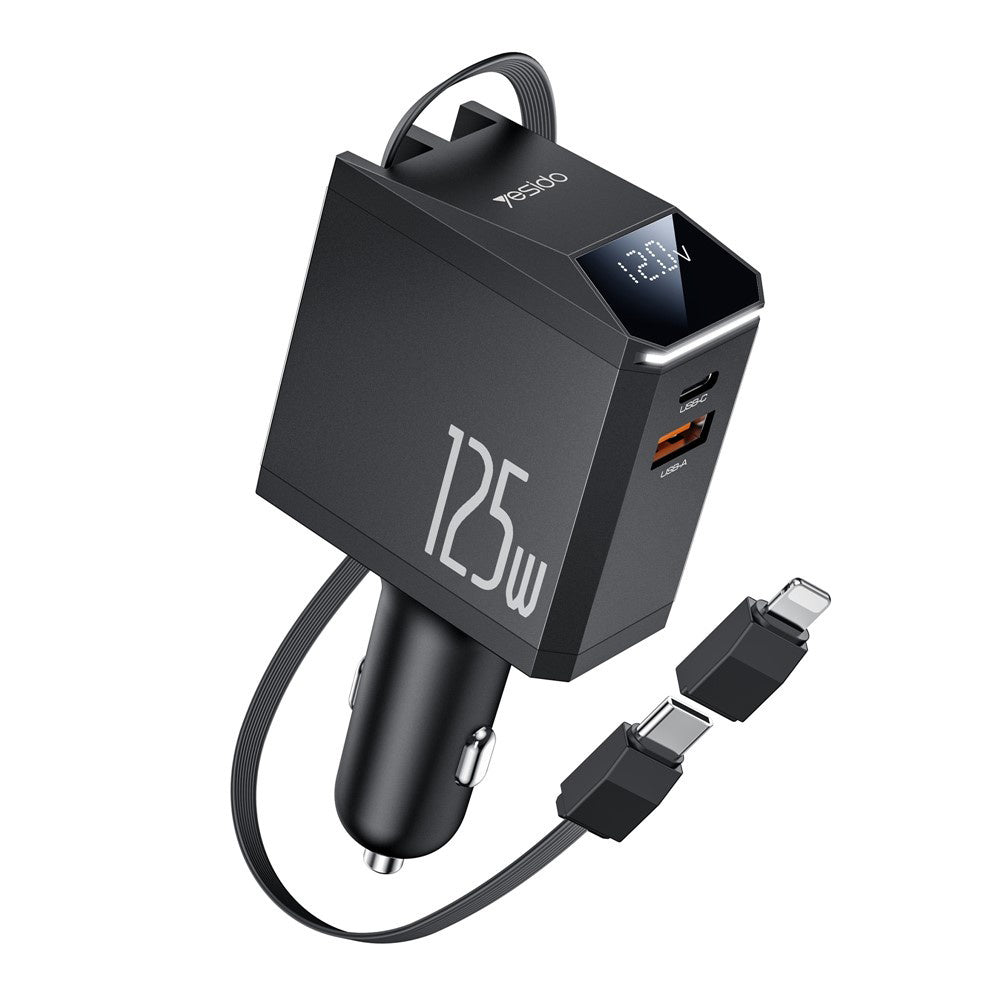 Car Charger with USB-C / Lightning Cable Yesido Y71 Display, 125W, 3A, 1 x USB-A - 1 x USB-C, Black
