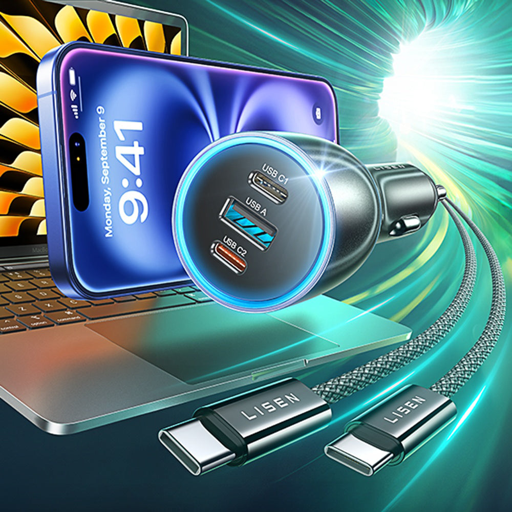 Auto-Ladegerät mit USB-C Kabel Lisen, 170W, 5A, 1 x USB-A - 2 x USB-C, Schwarz YL0224010001