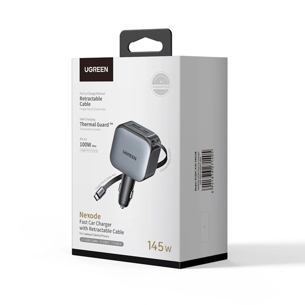 Auto-Ladegerät mit USB-C Kabel UGREEN EC604 (55910B) Nexode, 145W, 1 x USB-A - 2 x USB-C, Schwarz