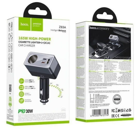 Auto-Ladegerät HOCO Z65A, 165W, 3A, 1 x Zigarettenanzünder-Erweiterung - 1 x USB-A - 2 x USB-C, Schwarz