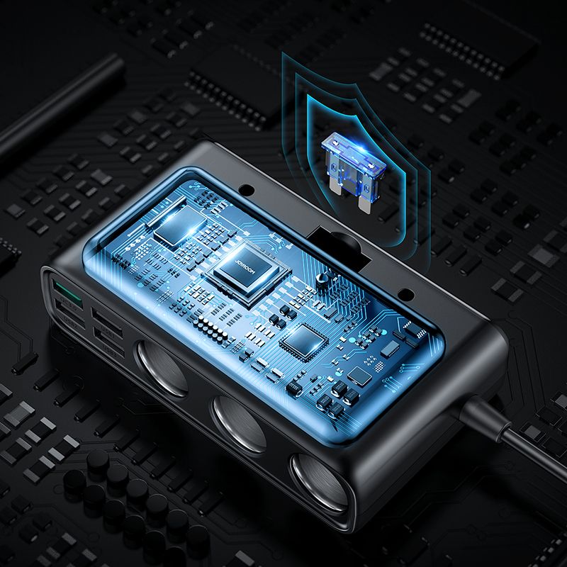 Joyroom JR-CL06 Car Charger, 154W, 3A, 4 x USB-A - 1 x USB-C - 4 x Cigarette Lighter Extension, Black JYR058BLK