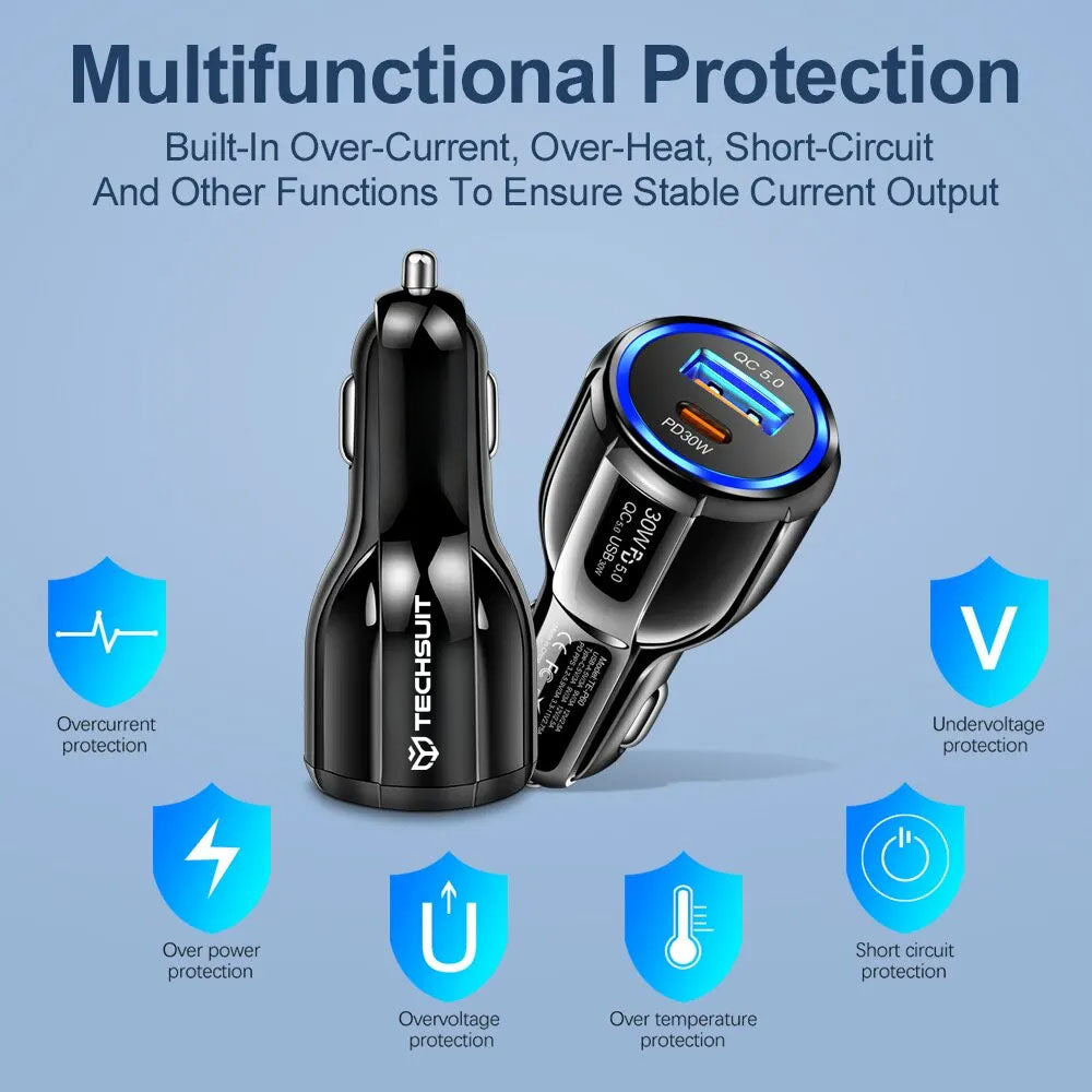Auto-Ladegerät Techsuit TE-022 Premium, 60W, 3A, 1 x USB-A - 1 x USB-C, Schwarz