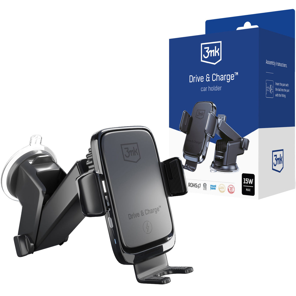 3MK Drive & Charge Wireless KFZ-Halterung | 15W | Automatische Klemmen | Schwarz